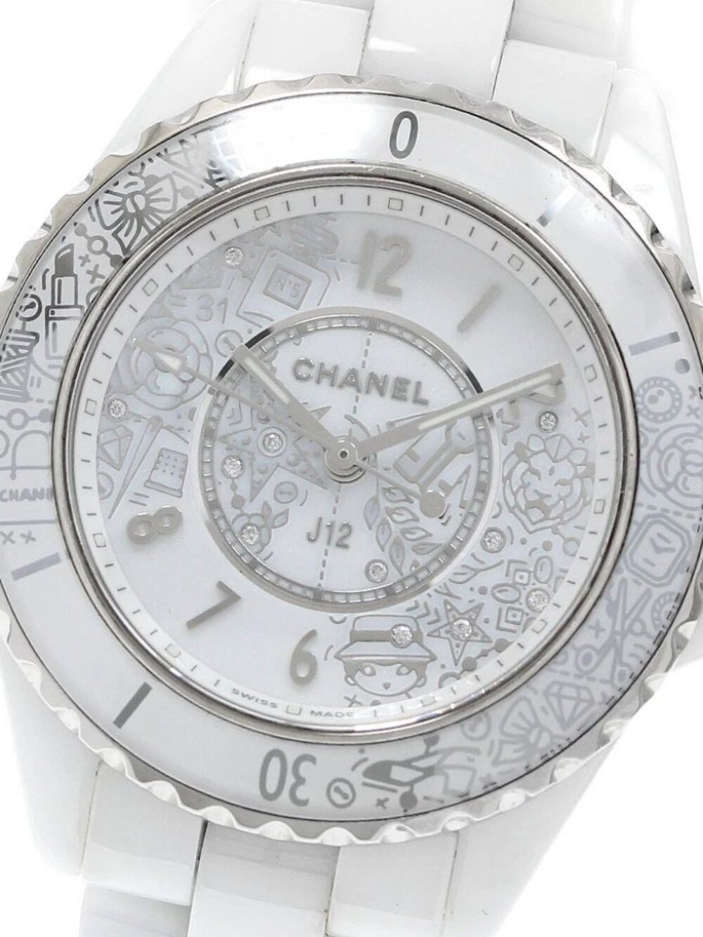 CHANEL J12 white ceramic H6477 12P diamond 20YEARS Quartz Ladies Watch_946944